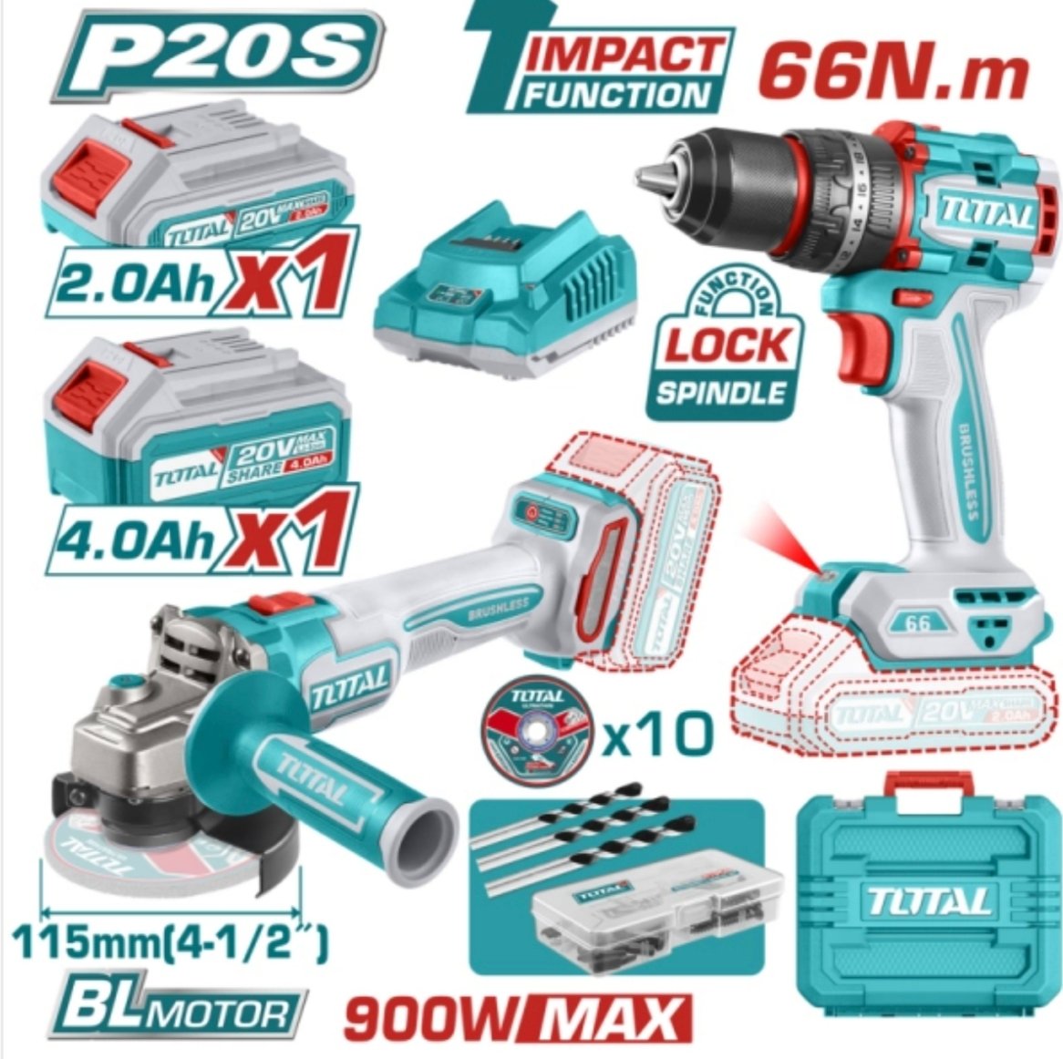 KIT TALADRO PERCUT.+AMOLADORA 115MM A BAT. TCKLI20273 TOTAL